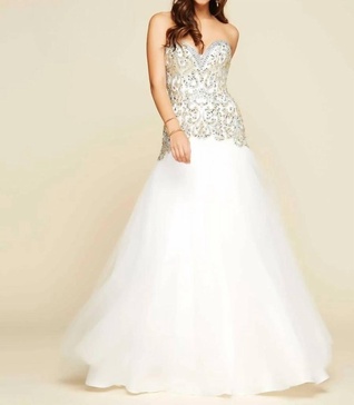 rhinestones embellished ball gown in ivory/gold
