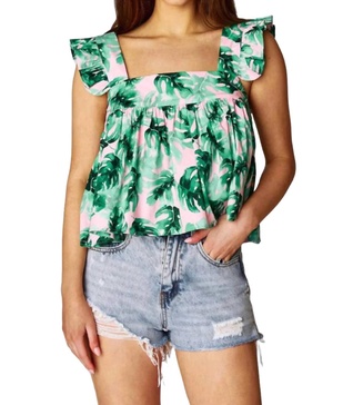 kyle ruffle swing tank top in green / florals