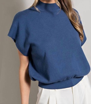 mock neck short sleeve top in blue