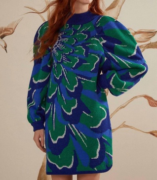 flower knit dress in blue maxi