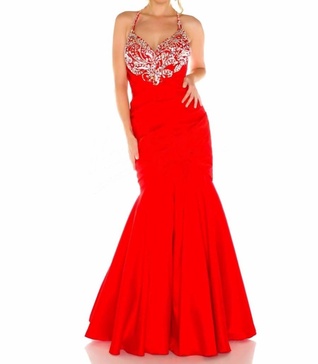halterneck beaded mermaid gown in red