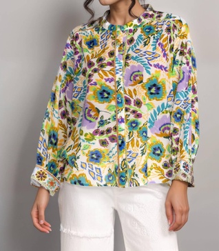 ikat bloom shirred yoke blouse in multi