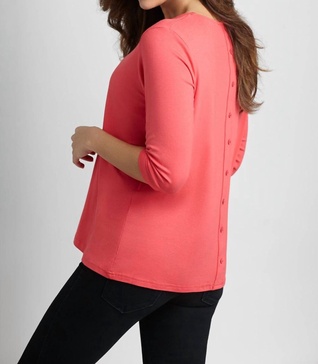 button-back scoop neck top in coral