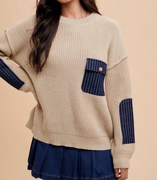 striped denim patch sweater in cream/denim