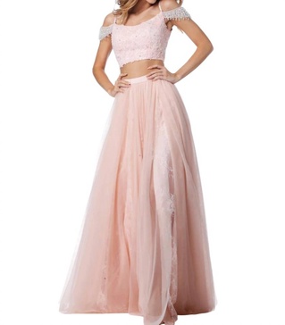 beaded shoulder strap prom dress in blush
