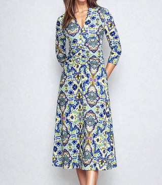 kiara matte jersey midi dress in blue multi