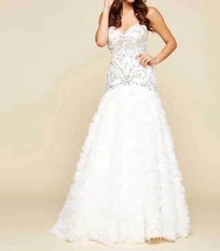 ruffled rhinestone embellished gown in ivory