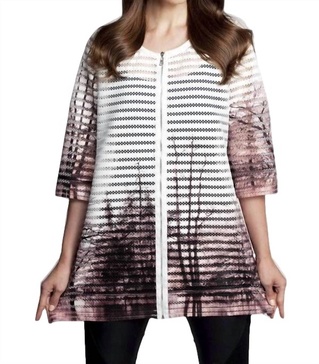 textured graphic long cardigan in white/taupe