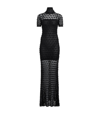 Mock-Neck Short-Sleeve Sheer Lace Gown