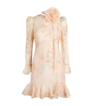 Linen-Silk Flower-Embellished Mini Dress