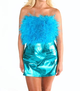 fancy strapless feather crop top in turquoise feather