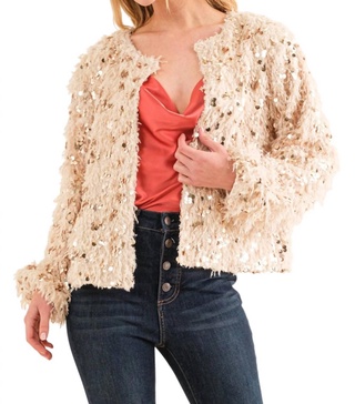 get to you sequin and feather jacket in cream