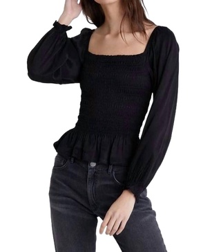 long sleeve smocked top in black
