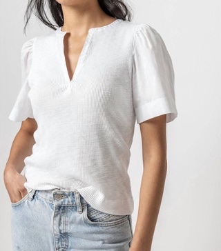 woven sleeve split neck short sleeve tee in white