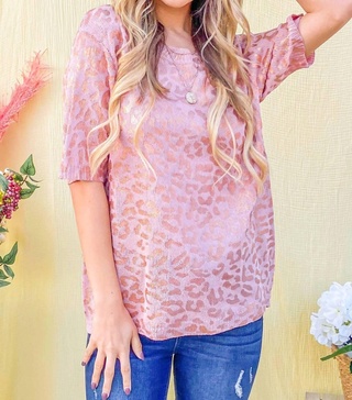 leopard foil summer sweater in dusty rose
