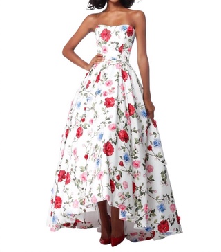 strapless taffeta strapless dress in ivory print