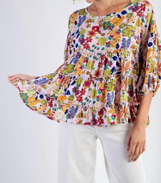 tropical print wool peach ruffled babydoll top in lilac powder