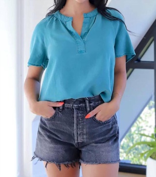 flowy short sleeve pullover top in deep azure