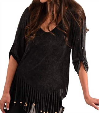 stone wash cut out fringe top in charcoal