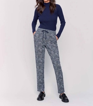 jacquard knit plaid jogger with drawstring in navy