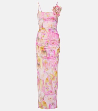 Floral-appliqué printed jersey maxi dress