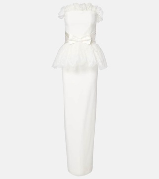 Peplum lace-trimmed cady bustier gown