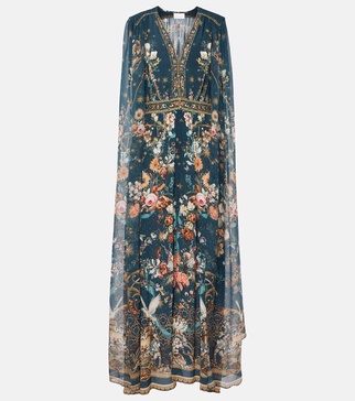 Crystal-embellished caped silk crêpe gown