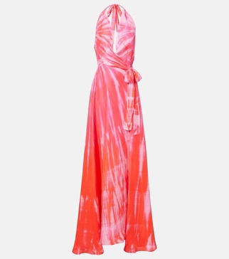 Tie-dye halterneck silk wrap dress
