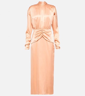 Tie-neck silk satin midi dress