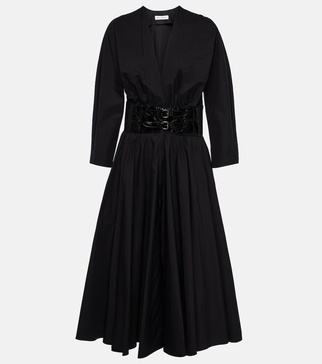Leather-trimmed cotton midi dress
