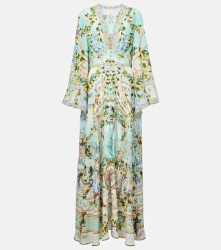 Shirred printed silk maxi dress