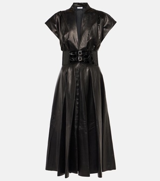 Belted leather midi dress
