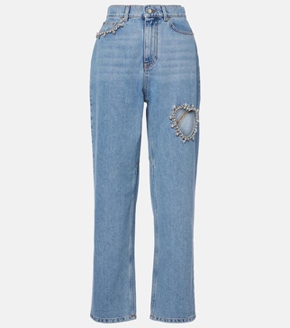 Crystal-embellished cutout straight jeans