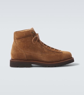 Corduroy-trimmed leather lace-up boots