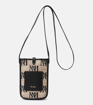 Phony leather-trimmed canvas phone pouch