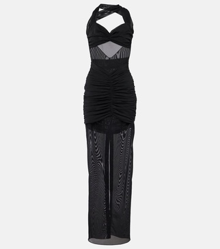 Ruched sheer mesh maxi dress