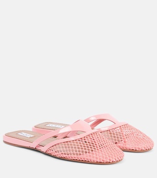 Patent leather-trimmed fishnet mules