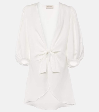 Puff-sleeve linen-blend blouse