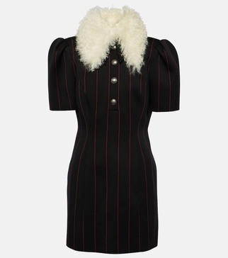 Pinstripe collared wool-blend minidress