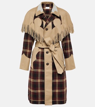 Fringed checked trench coat