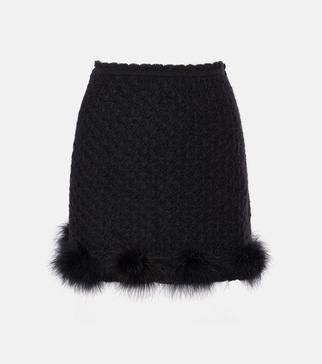 Feather-trimmed knitted miniskirt