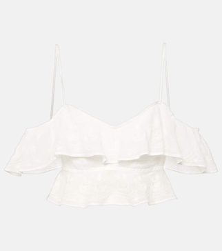 Eliani embroidered ruffled ramie crop top