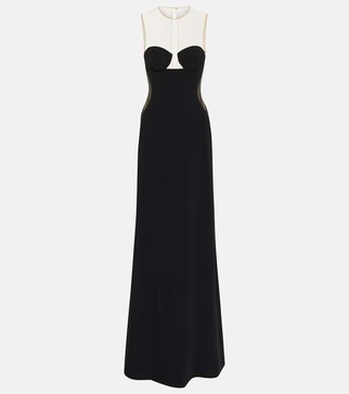 Mesh-paneled crêpe gown