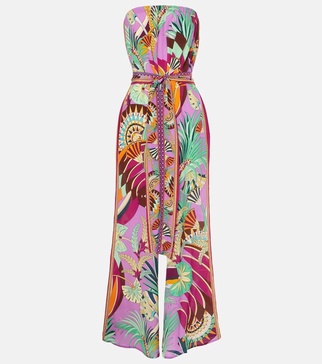 Printed strapless silk jumpsuit