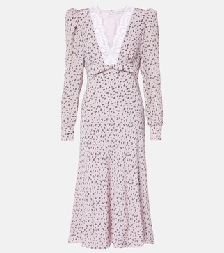 Floral lace-trimmed silk midi dress