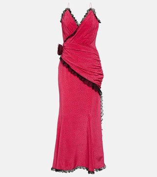 Floral-appliqué silk maxi dress