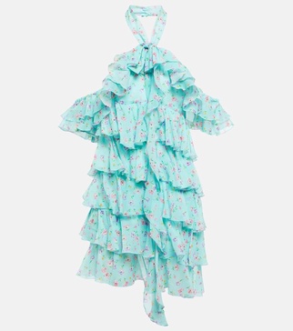 Halterneck ruffle-detail silk minidress