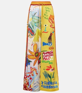 La Charrasca printed silk satin wide-leg pants