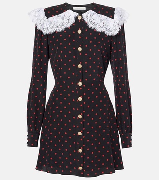 Polka-dot lace-trimmed silk minidress