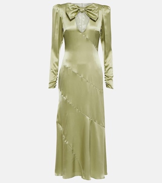 Silk satin midi dress w/ bow & cutout